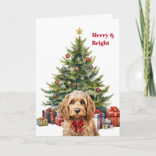 Red Bow Cockapoo Dog Christmas Tree Card