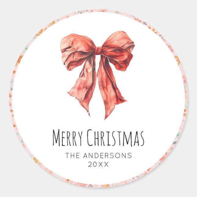 Red Bow Coquette Elegant Floral Christmas  Classic Round Sticker (Front)