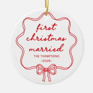 Red Bow Coquette First Christmas Married Ceramic Ornament