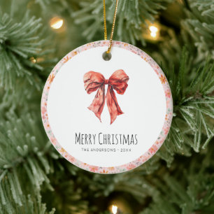 Red Bow Coquette Modern Floral Christmas  Ceramic Ornament