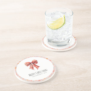 Red Bow Coquette Modern Floral Christmas  Coaster