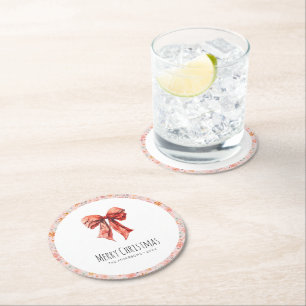 Red Bow Coquette Modern Floral Christmas  Round Paper Coaster