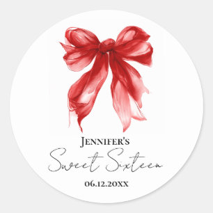 Red Bow Coquette Script Sweet 16 Party  Classic Round Sticker