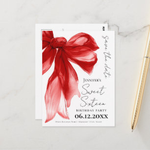 Red Bow Coquette Sweet 16 Save the Date Postcard