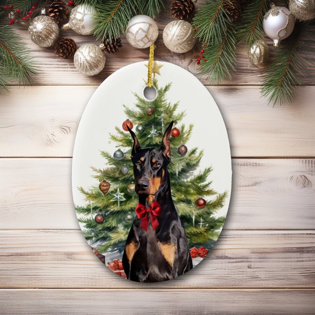 Red Bow Doberman Pinscher Dog Christmas Ceramic Ornament (Creator Uploaded)