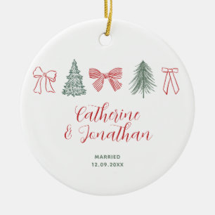 Red Bow & Evergreen Trees Couple Keepsake Ceramic Ornament