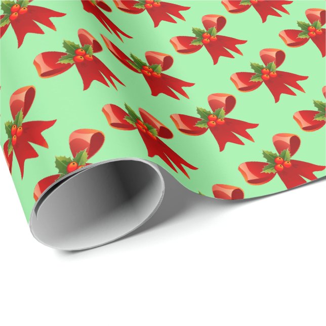 Red Bow Festive Noël Enveloppement Papier Cadeau (Coin rond)