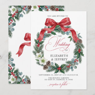 Red Bow Floral Winter Christmas Wreath Wedding Invitation