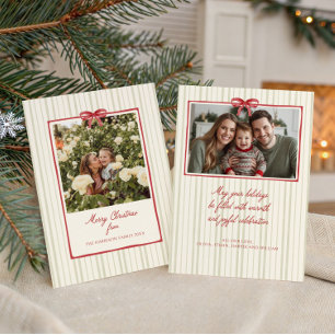 Red Bow Frame Sage Stripes 2 Photo  Holiday Card