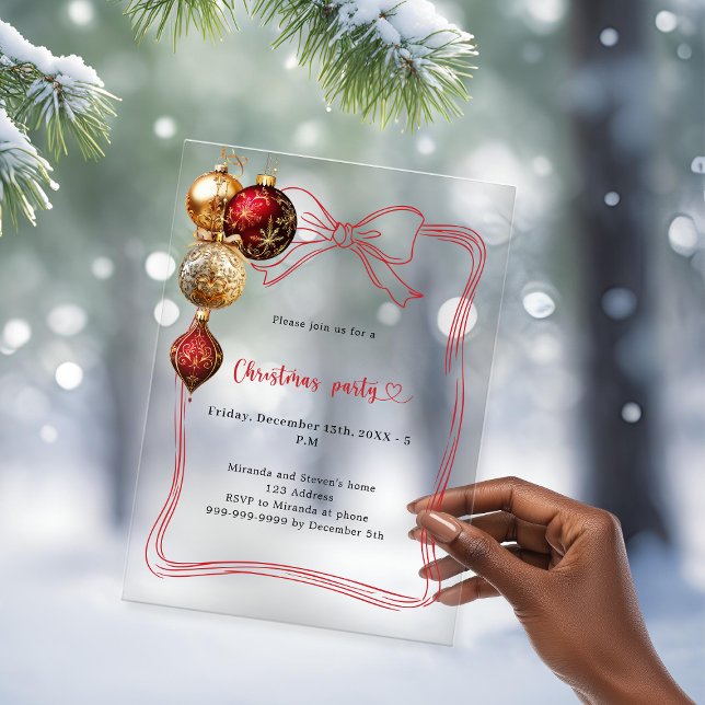 Red bow gold baubles Christmas Party frosted Acrylic Invitations (Creator Uploaded)
