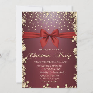 Red Bow Gold Stars Christmas Party Invitation