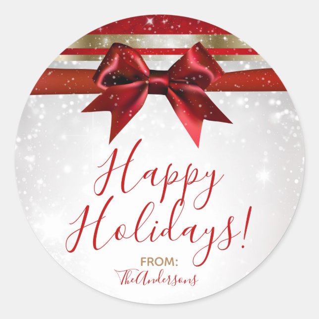 Red Bow & Gold White Sparkle Elegant Holiday Favou Classic Round Sticker (Front)