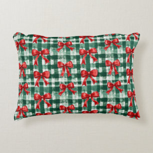 Red Bow Green Plaid Christmas Accent Pillow