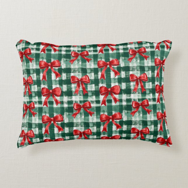 Red Bow Green Plaid Christmas Accent Pillow (Front)