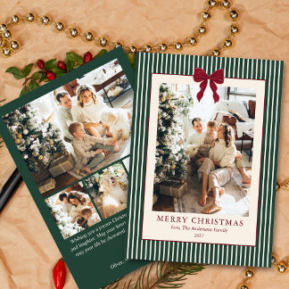 Red Bow Green Stripes Christmas Five Photo Holiday Card