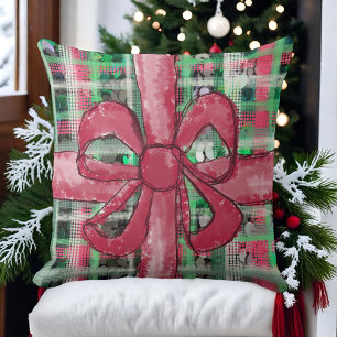 Red bow green white tartan festive cute glitter  throw pillow