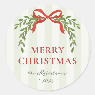 Red Bow Greenery Botanical Striped Christmas Classic Round Sticker