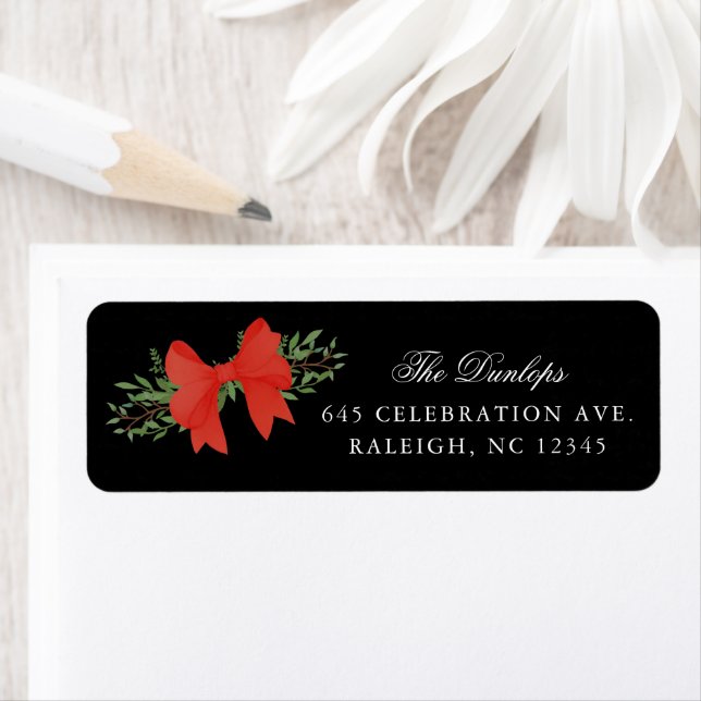 Red Bow Greenery Christmas Holiday Return Address (Insitu)