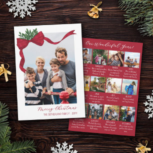 Red Bow & Greenery Year In Review Merry Christmas Holiday Card