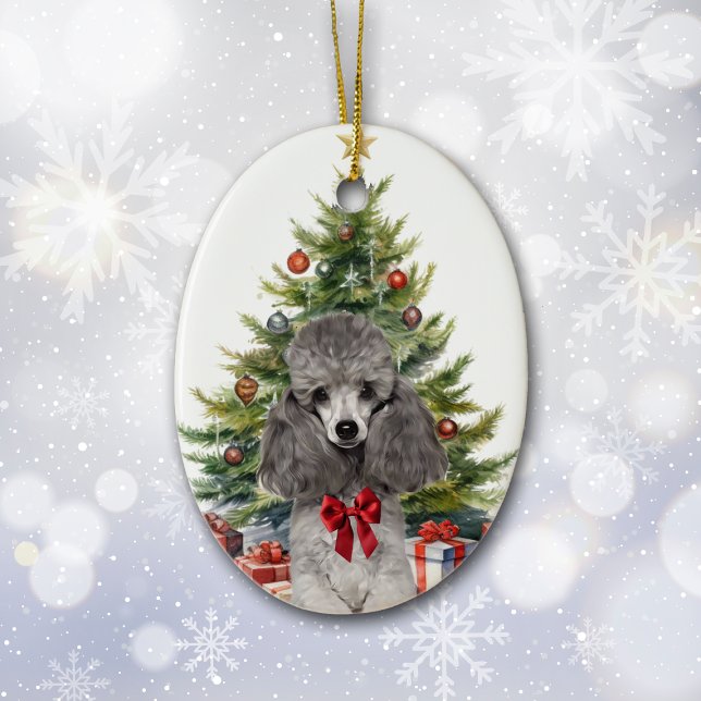 Red Bow Grey Miniature Poodle Dog Christmas Ceramic Ornament (Creator Uploaded)