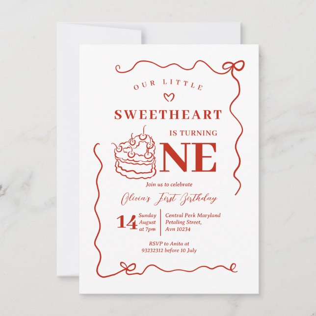 Red Bow Handdrawn Little Sweetheart Turning One Invitation (Front)