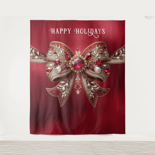 Red Bow Holiday Backdrop Tapestry (Front)