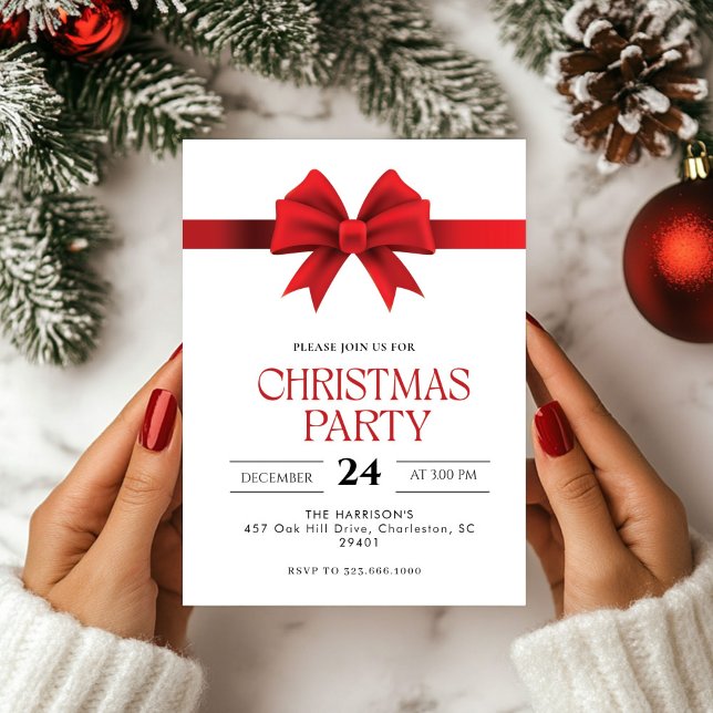 Red Bow Holiday Christmas Dinner Invitation (Creator Uploaded)