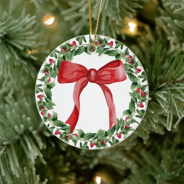 Red Bow Holiday Wreath Classic Christmas Tree  Ceramic Ornament (Tree)