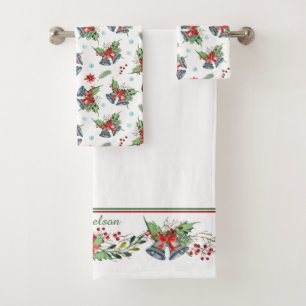 Red Bow Holly Christmas Bells Pattern Bath Towel Set