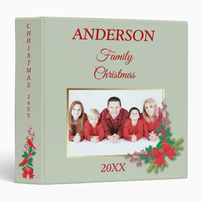 Red Bow Holly Family Christmas Photo Template Binder (Front/Spine)