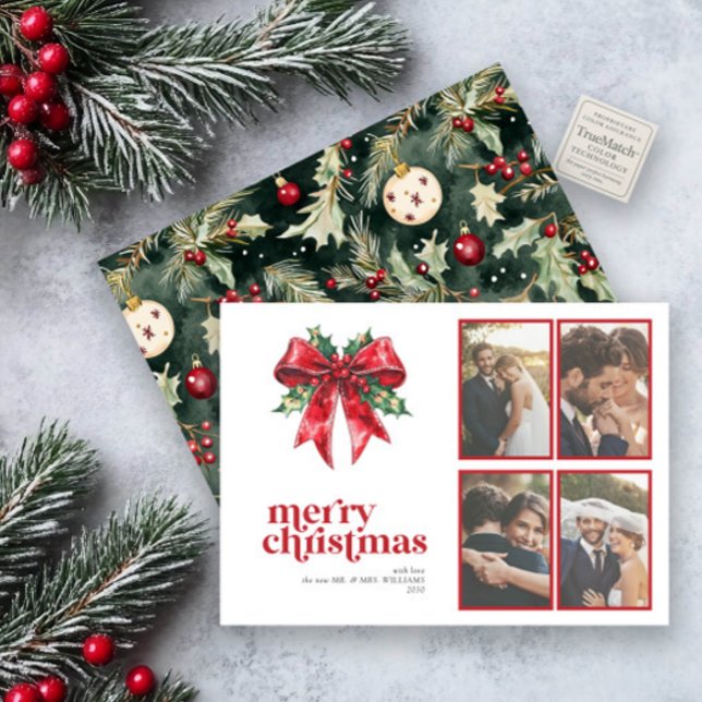 Red Bow Holly Married & Merry Newlywed 4 Photo Holiday Card (Creator Uploaded)