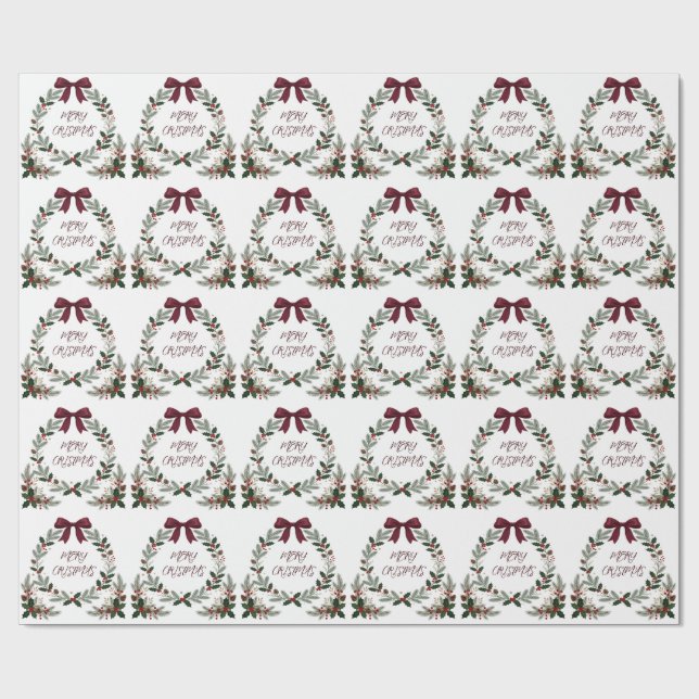 Red Bow Holly Pine Christmas Holiday Wrapping  Paper (Flat)