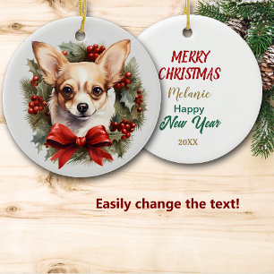 Red Bow Holly Wreath Chihuahua Dog Ceramic Ornament