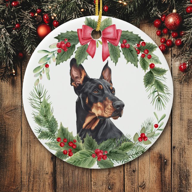 Red Bow Holly Wreath Doberman Pinscher Dog Ceramic Ornament (Creator Uploaded)
