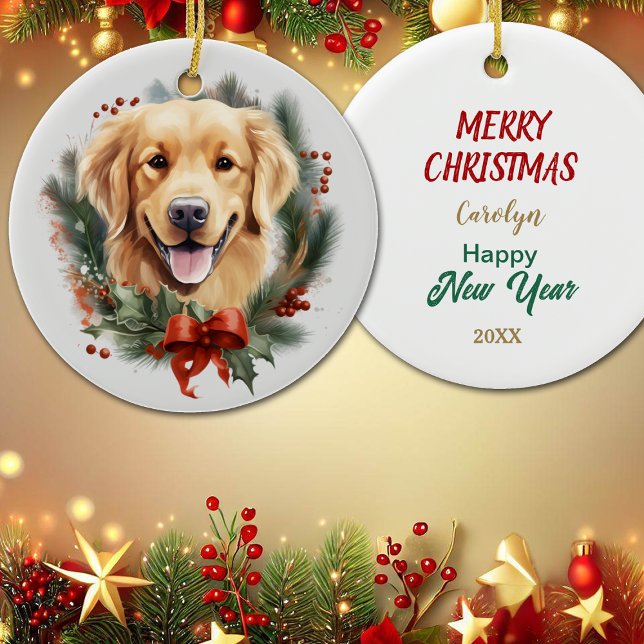 Red Bow Holly Wreath Golden Retriever Dog Ceramic Ornament (Creator Uploaded)