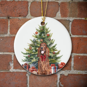 Red Bow Irish Setter Dog Christmas Ceramic Ornament