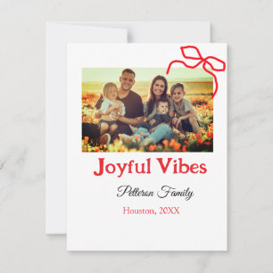 Red bow joyful Vibes add family name photo christm Holiday Card