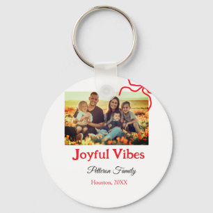 Red bow joyful Vibes add family name photo christm Keychain