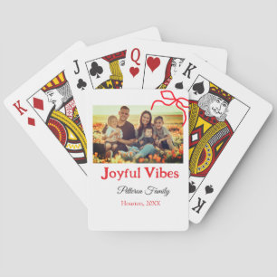 Red bow joyful Vibes add family name photo christm Playing Cards