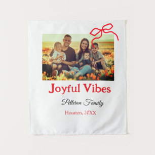 Red bow joyful Vibes add family name photo christm Tapestry
