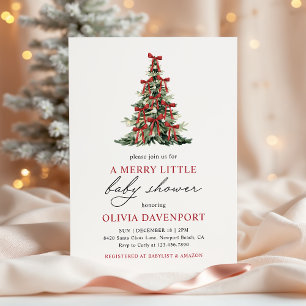 Red Bow Merry Little Christmas Tree Baby Shower Invitation