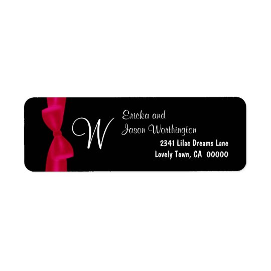 Red Bow Monogram Wedding Black Background Return Address Label