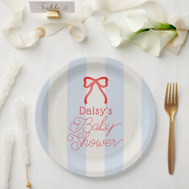 Red Bow & Pale Blue Stripes Baby Shower Paper Plate (Wedding)
