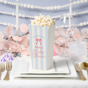 Red Bow & Pale Blue Stripes Baby Shower Popcorn Favor Box