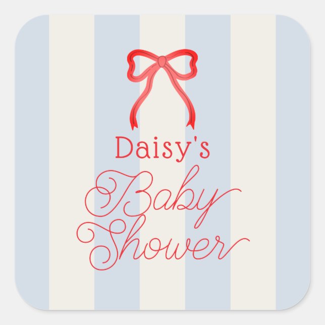 Red Bow & Pale Blue Stripes Baby Shower Square Sticker (Front)
