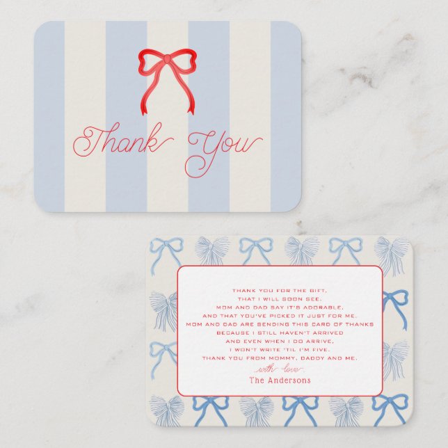 Red Bow & Pale Blue Stripes Baby Shower Thank You Card (Front/Back)