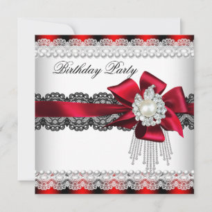 Red Bow Pearl Lace Pearl Birthday Party 2 Invitation