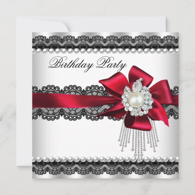 Red Bow Pearl Lace Pearl Birthday Party Invitation (Front)