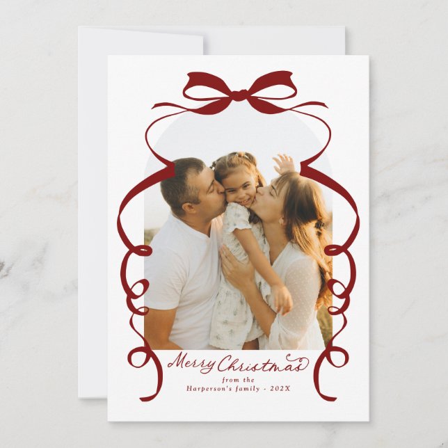 Red Bow Photo Merry Christmas Arch Holiday Card (Front)