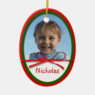 Red Bow Photo Oval Ceramic Christmas Ornament